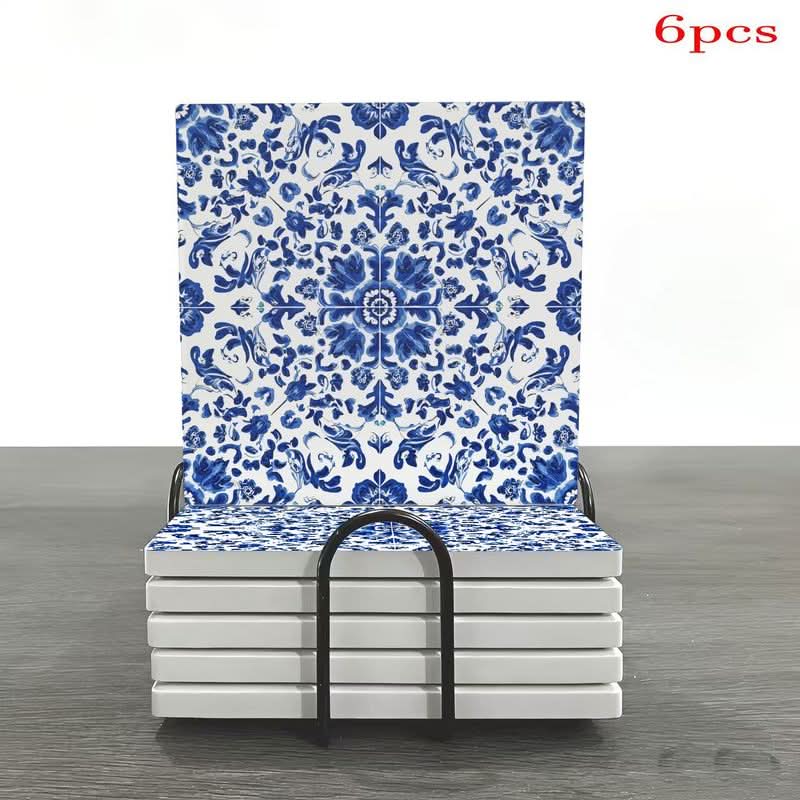 Elegant Blue & White Ceramic Tiles with Floral Design