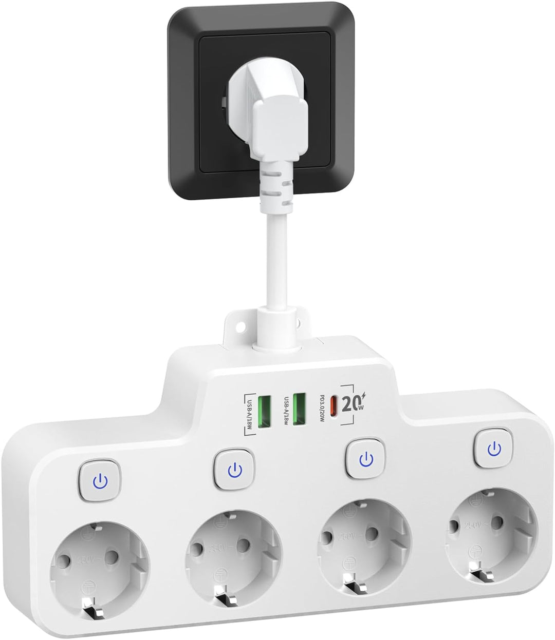 Versatile Wall-Mounted Power Hub with Independent Controls - 2 USB-A & 1 USB-C