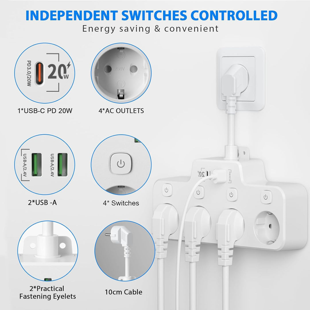 Versatile Wall-Mounted Power Hub with Independent Controls - 2 USB-A & 1 USB-C