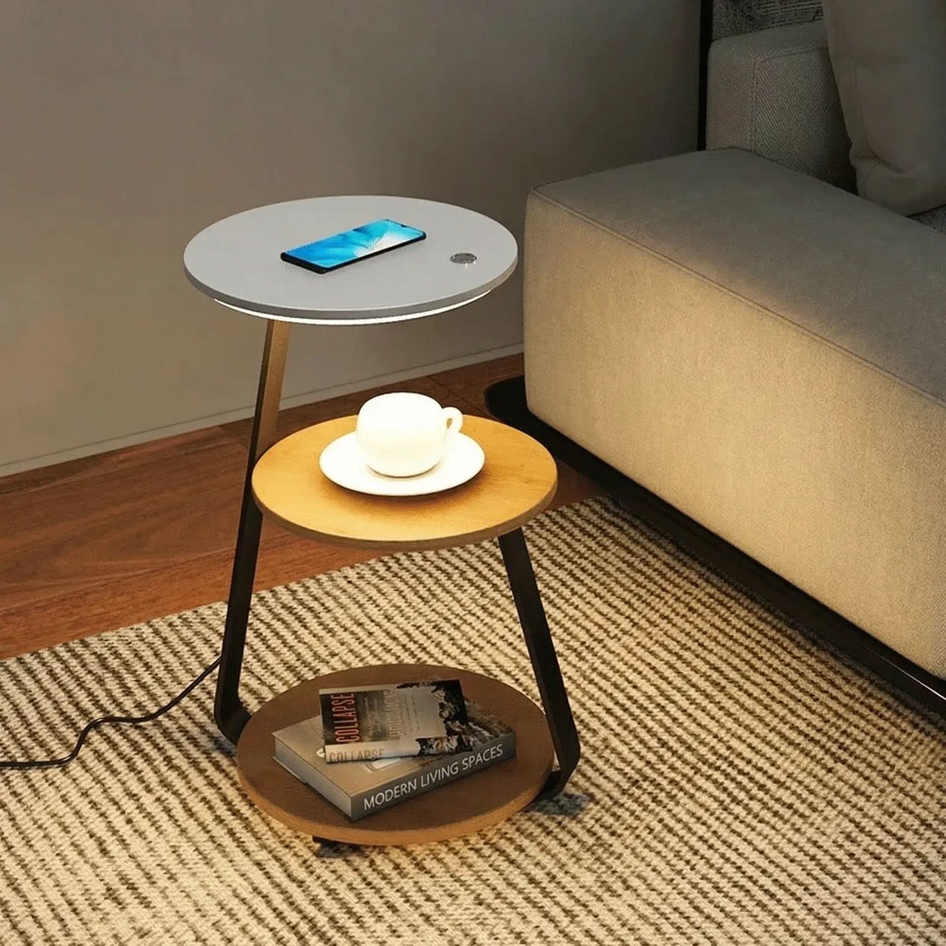 Chic Side Table with Integrated Wireless Charging & Soothing LED Lighting