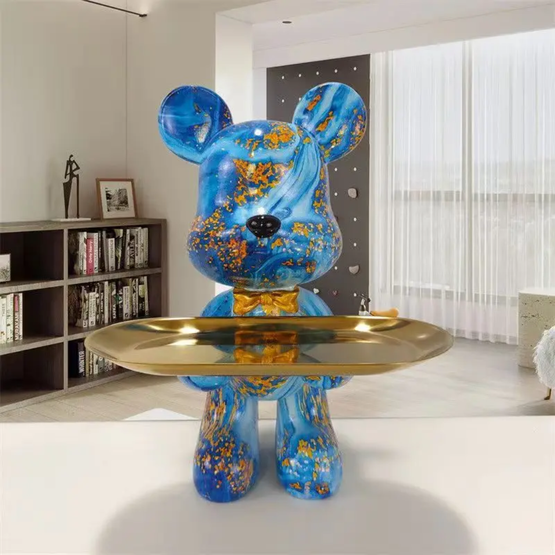 Elegant Bear Sculpture | Chic Blue and Gold Accent for Homes