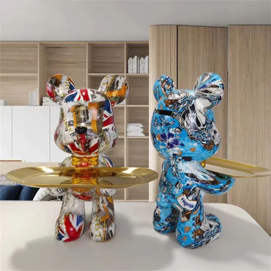Elegant Bear Sculpture | Chic Blue and Gold Accent for Homes
