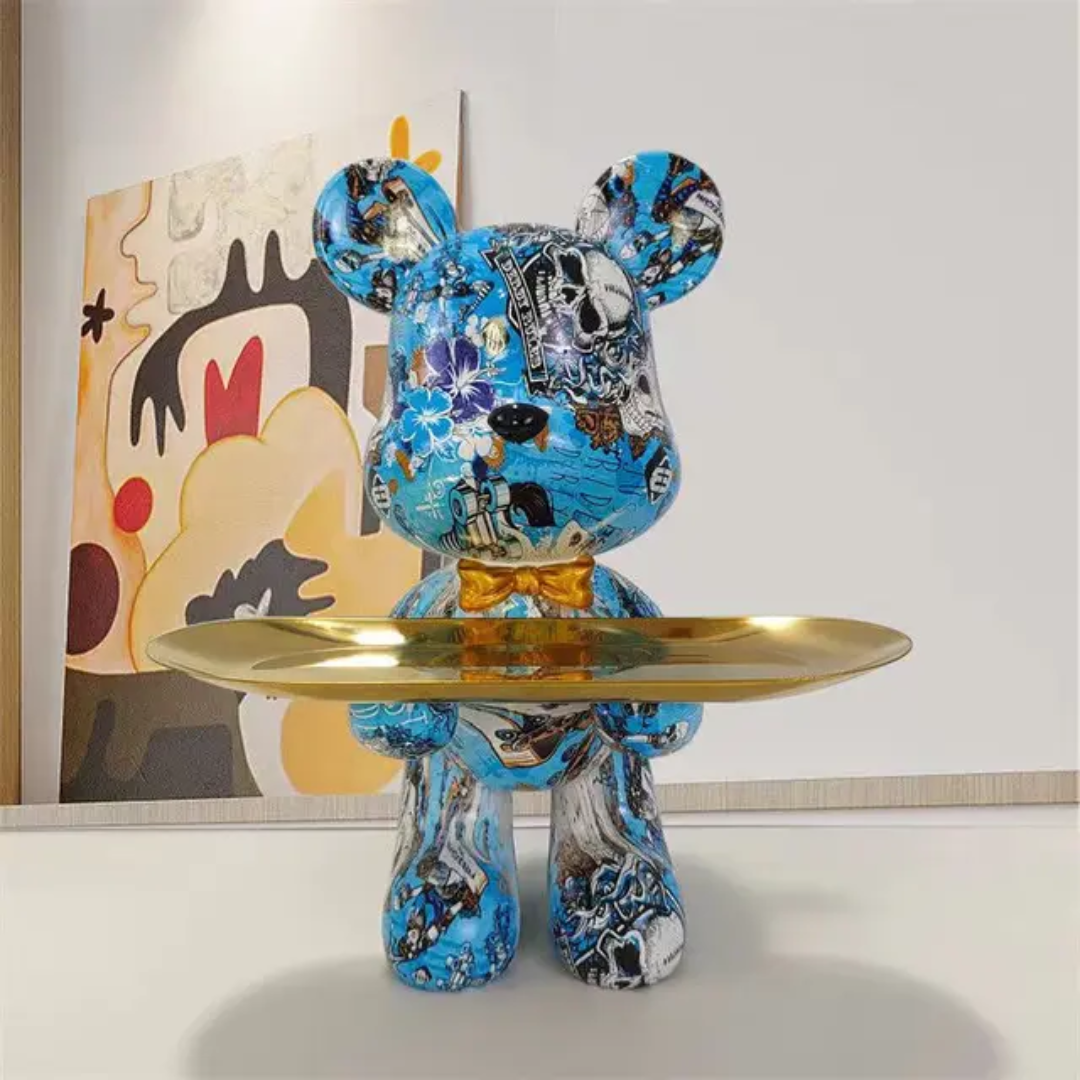 Elegant Bear Sculpture | Chic Blue and Gold Accent for Homes