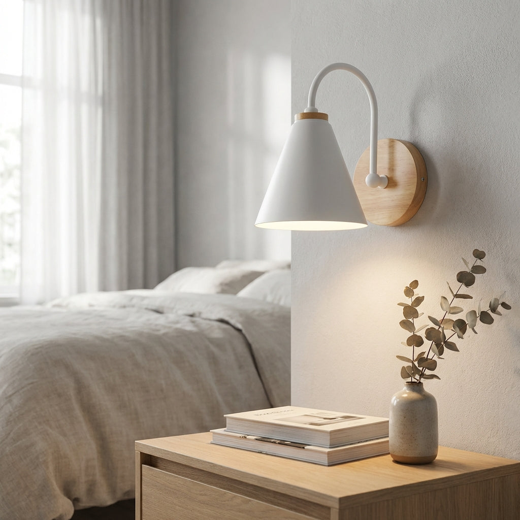 LumaGlow | Elegant Cone Shade Wall Fixture with Wooden Detail