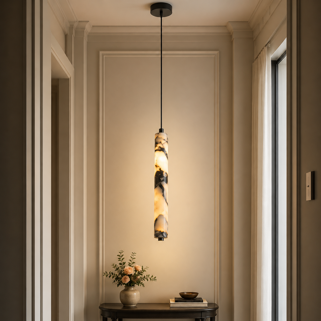 Natural Elegance – Stone Cylinder Pendant Light