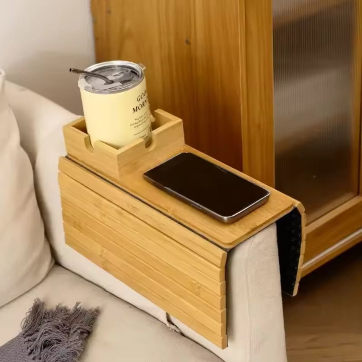 Versatile Sofa Side Tray with Cup Holder and Foldable Design