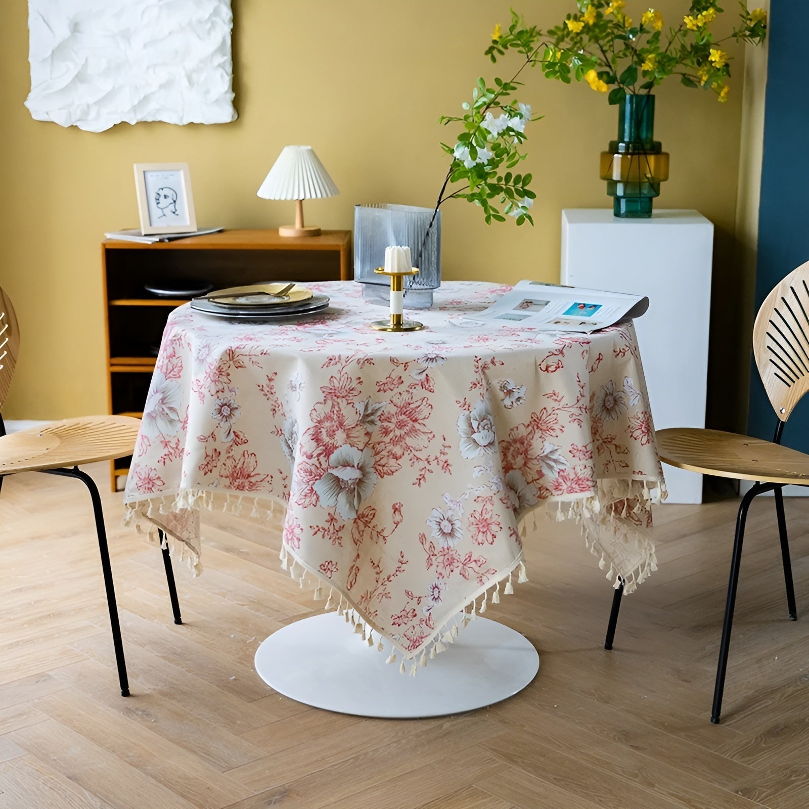 Elegant Botanical-Inspired Tablecloth with Playful Tassels