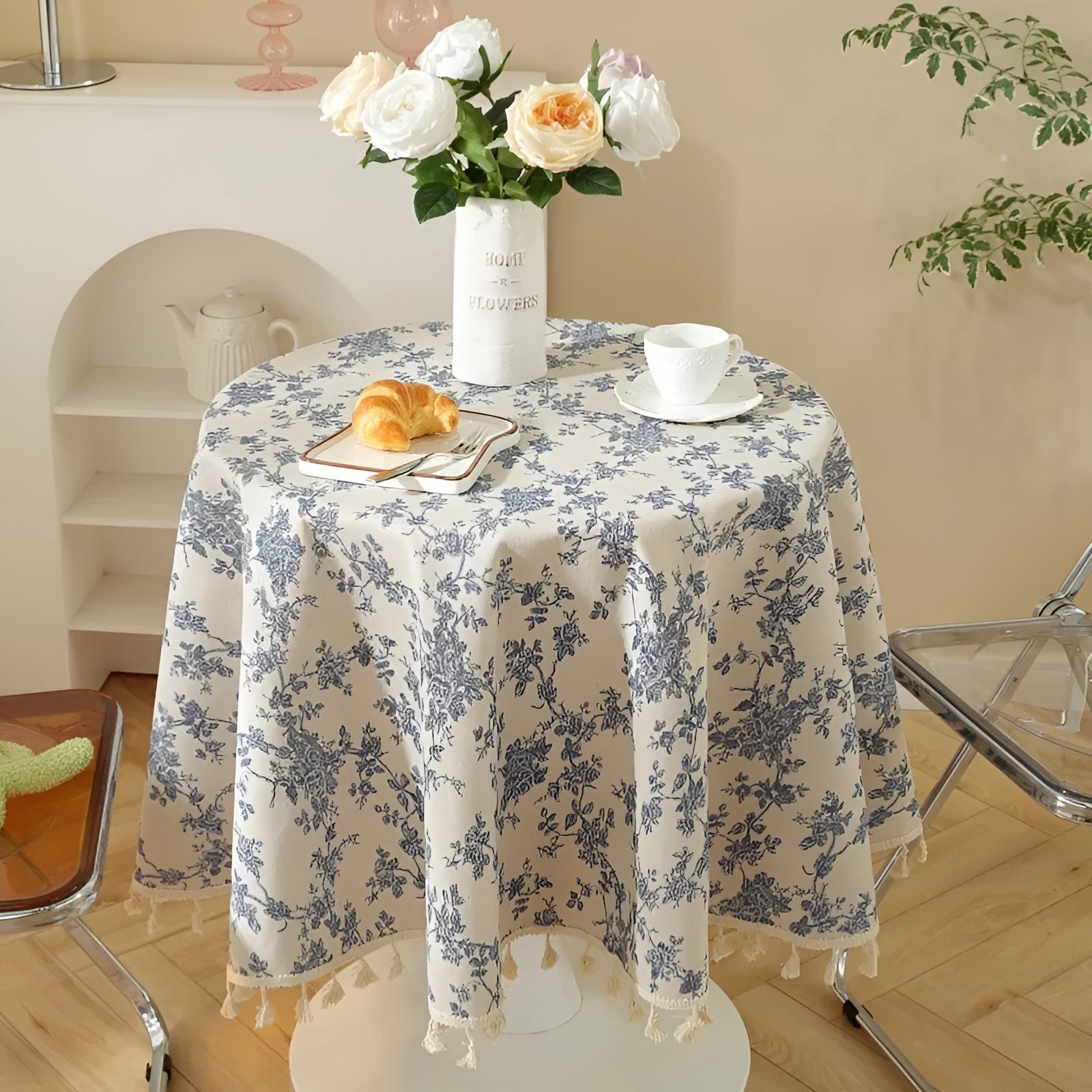 Elegant Botanical-Inspired Tablecloth with Playful Tassels