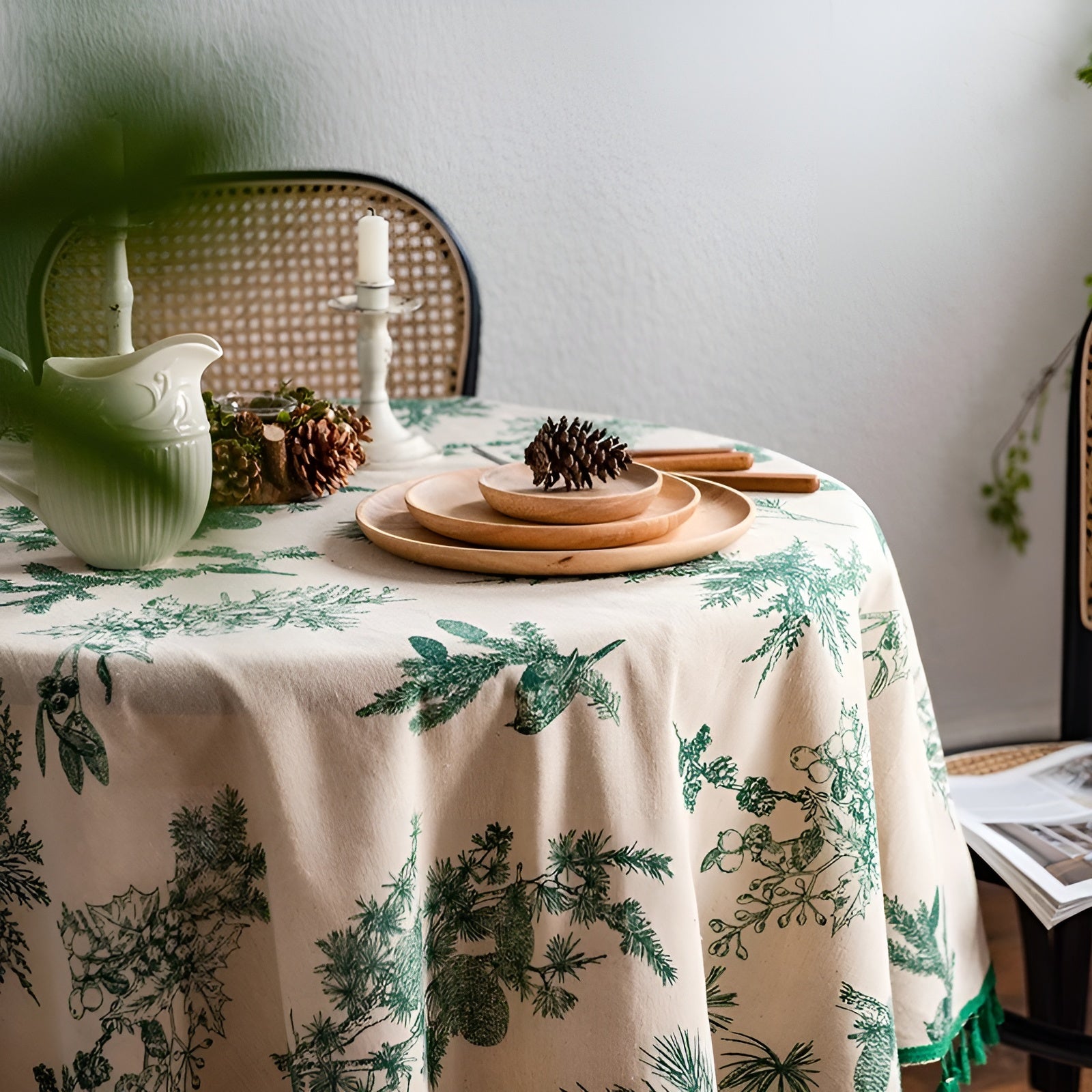 Elegant Botanical-Inspired Tablecloth with Playful Tassels
