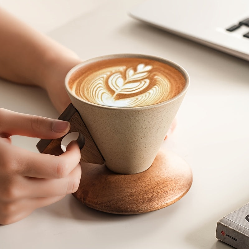 Elegant Ceramic Mug with Wooden Coaster and Precision Pour Spout