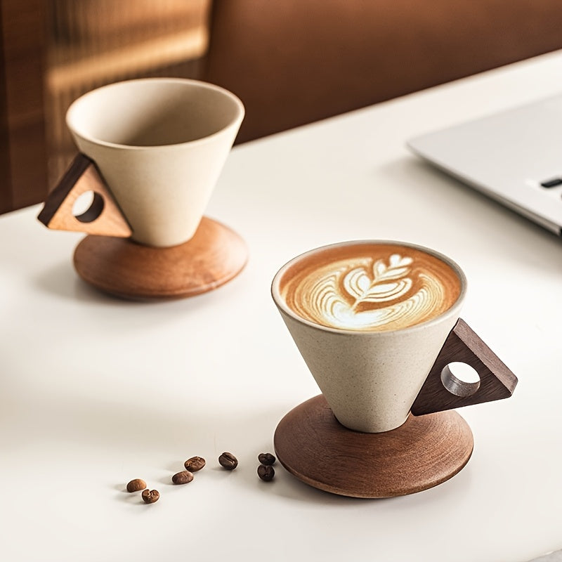 Elegant Ceramic Mug with Wooden Coaster and Precision Pour Spout