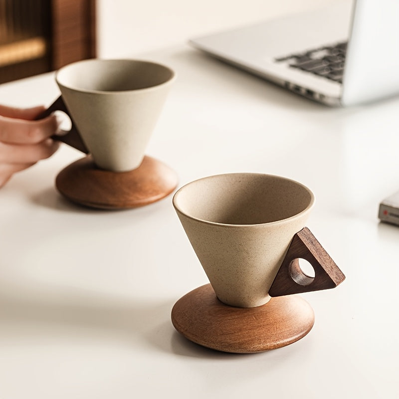 Elegant Ceramic Mug with Wooden Coaster and Precision Pour Spout
