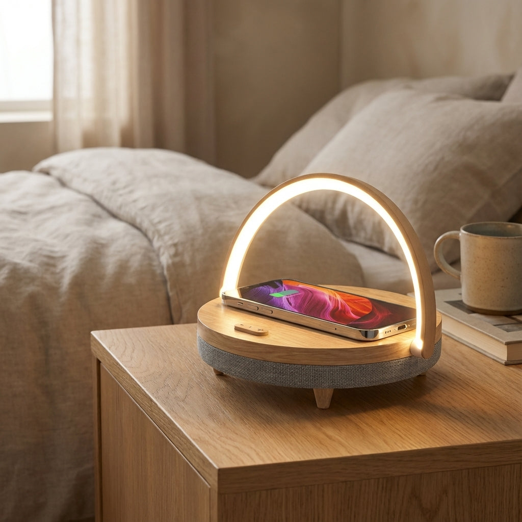 LuxeGlow | Versatile Table Lamp with Wireless Charging & Audio