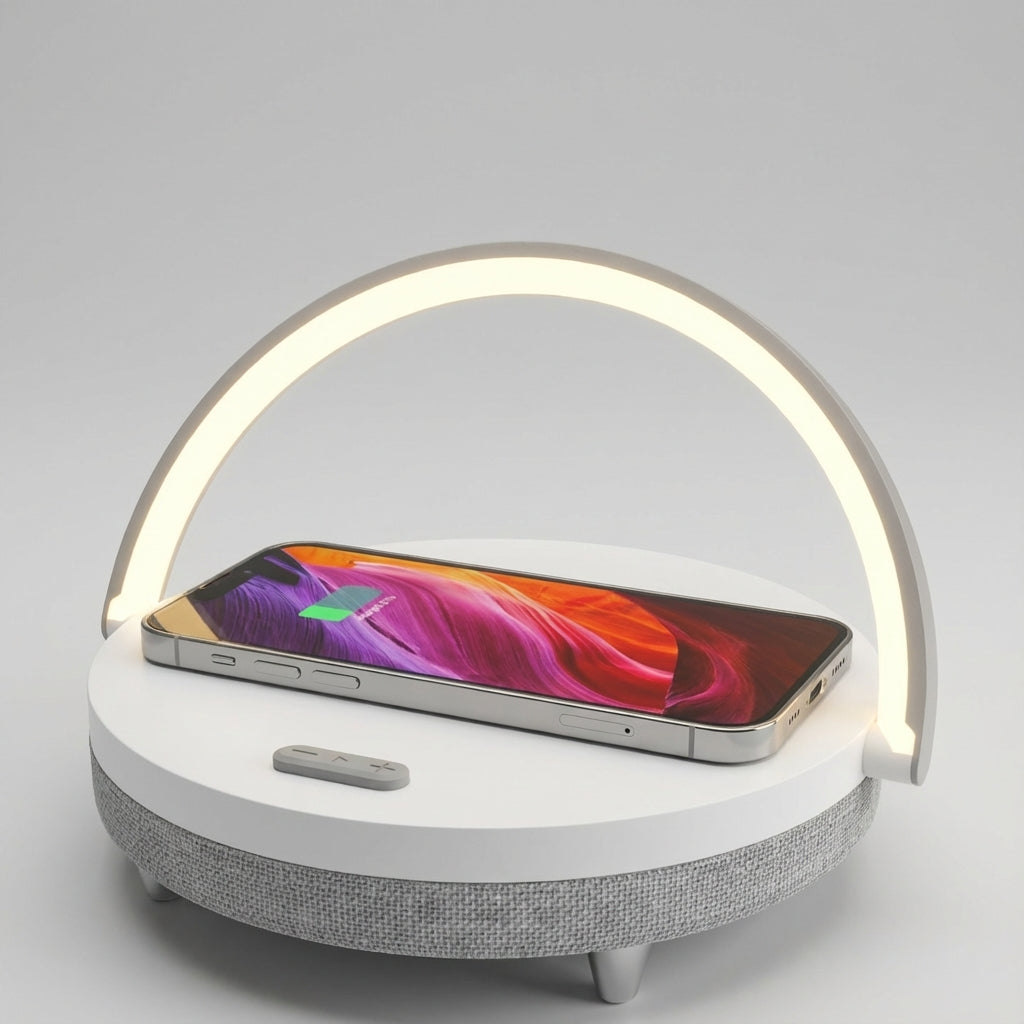LuxeGlow | Versatile Table Lamp with Wireless Charging & Audio