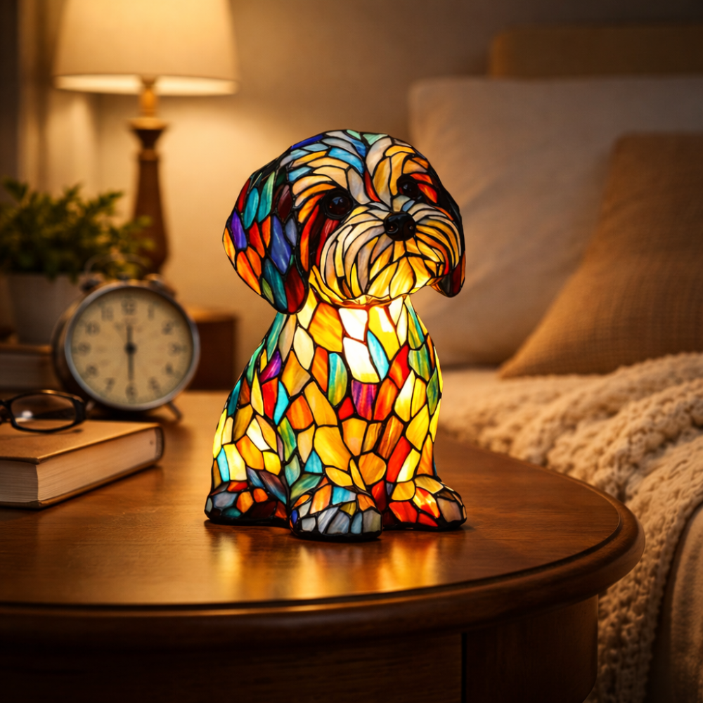 Adorable Pup Table Lamp | LED Night Light with Stained Glass Flair
