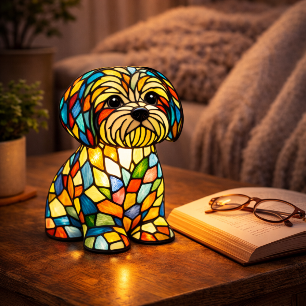 Adorable Pup Table Lamp | LED Night Light with Stained Glass Flair