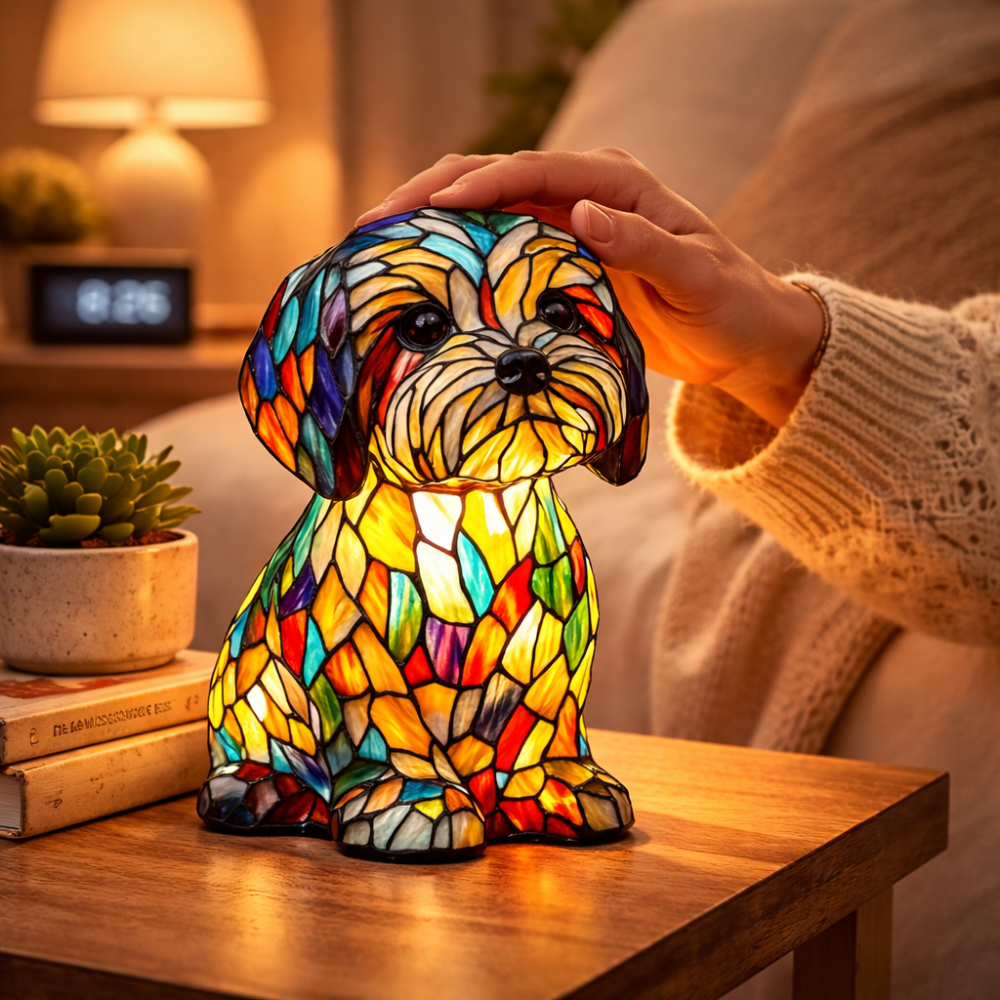 Adorable Pup Table Lamp | LED Night Light with Stained Glass Flair