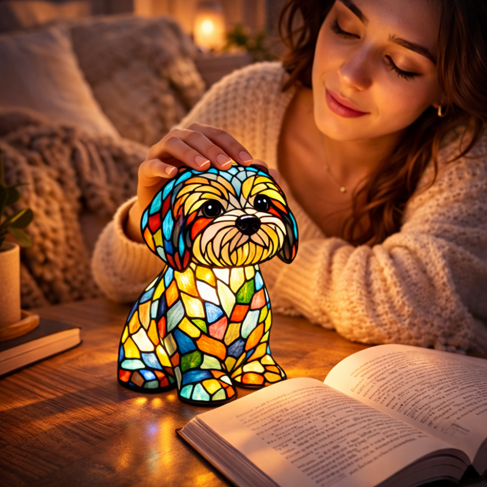 Adorable Pup Table Lamp | LED Night Light with Stained Glass Flair