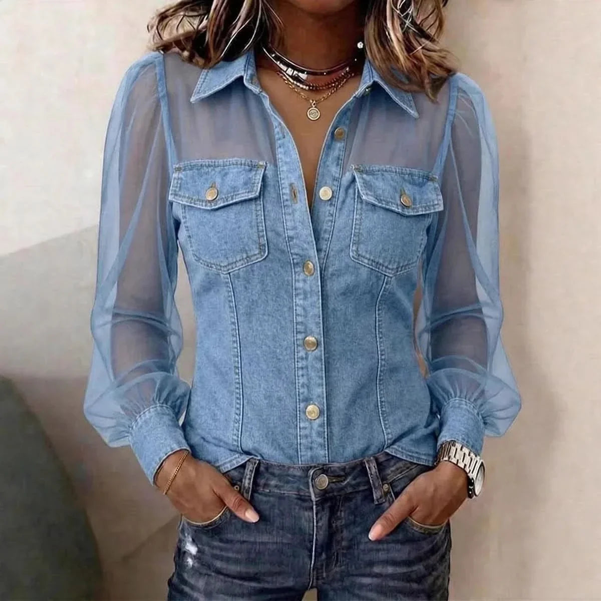 Elegance in Denim – Women’s Puff Sleeve Blouse