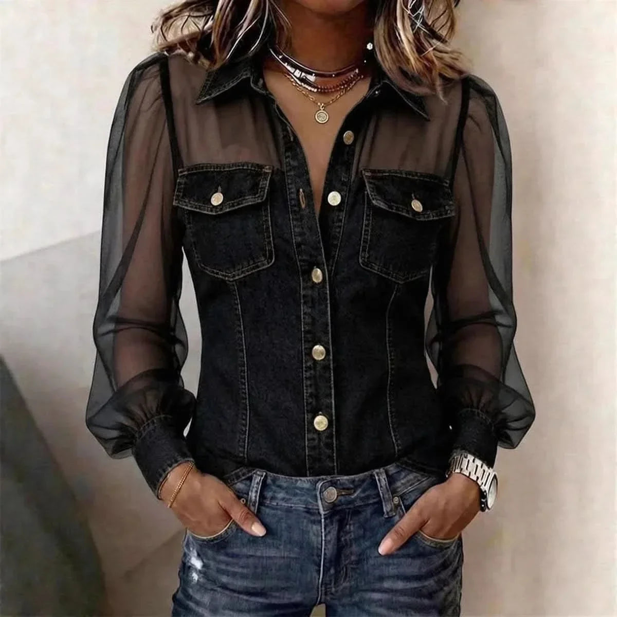 Elegance in Denim – Women’s Puff Sleeve Blouse