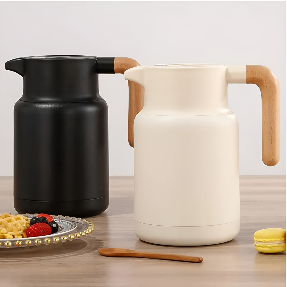 Elegant Insulated Carafe with Natural Wood Handle for All Beverages