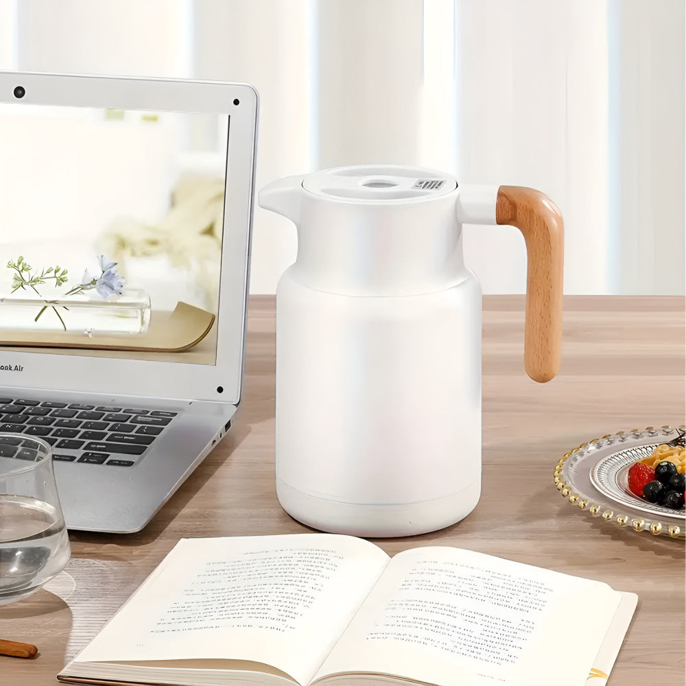 Elegant Insulated Carafe with Natural Wood Handle for All Beverages