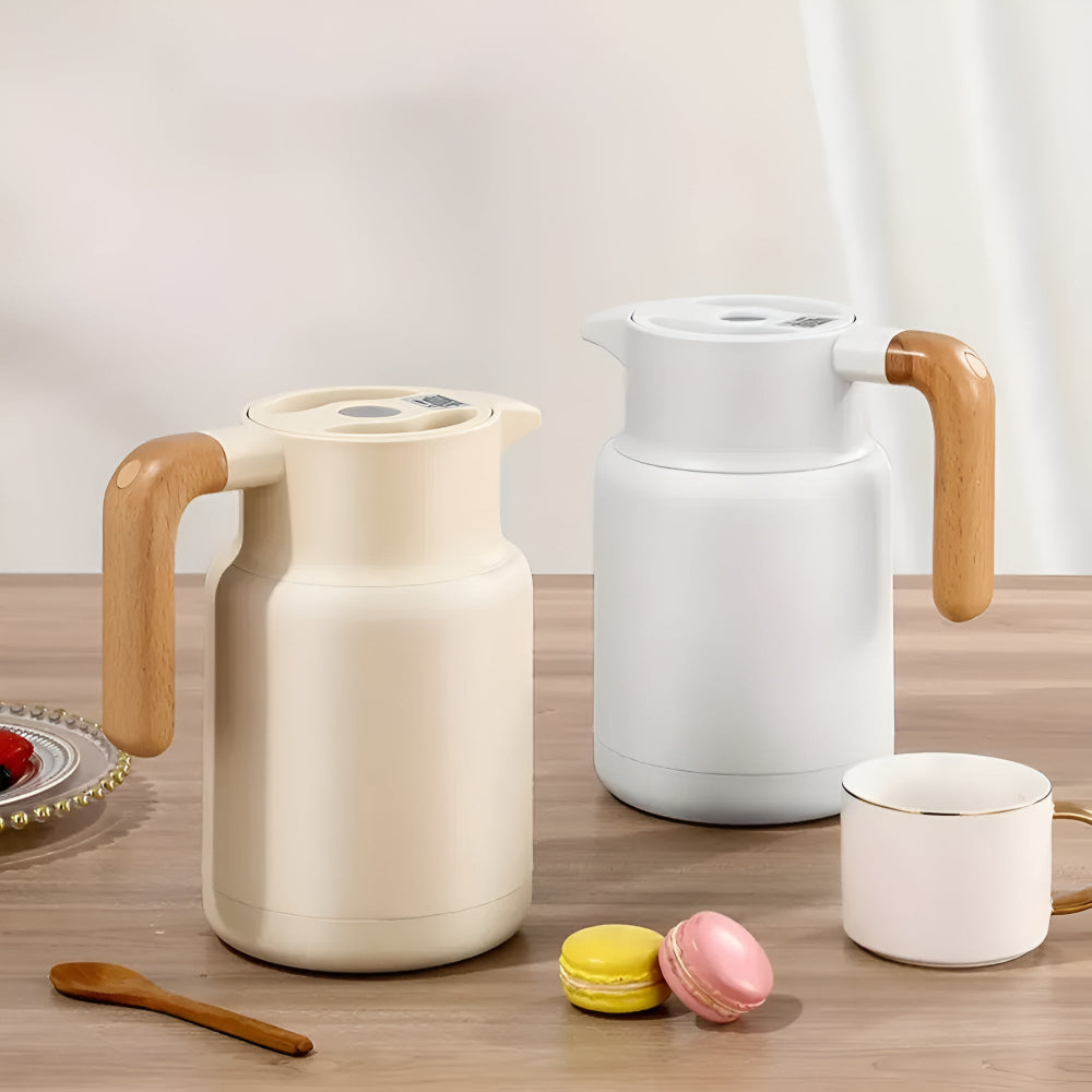 Elegant Insulated Carafe with Natural Wood Handle for All Beverages