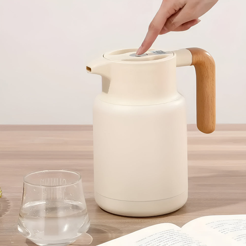 Elegant Insulated Carafe with Natural Wood Handle for All Beverages