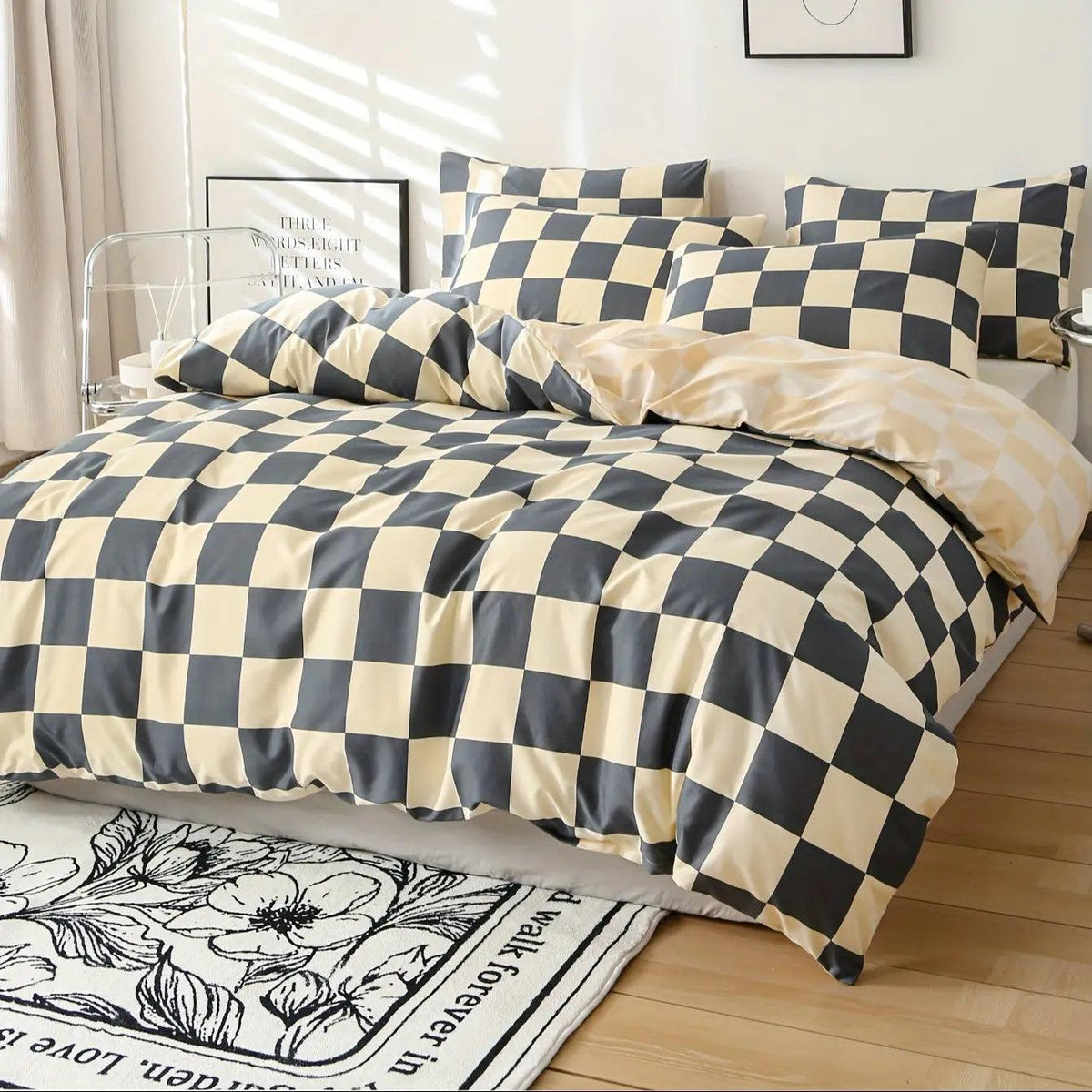 3-Piece Bedding Set Checkered Microfiber Zipper Closure