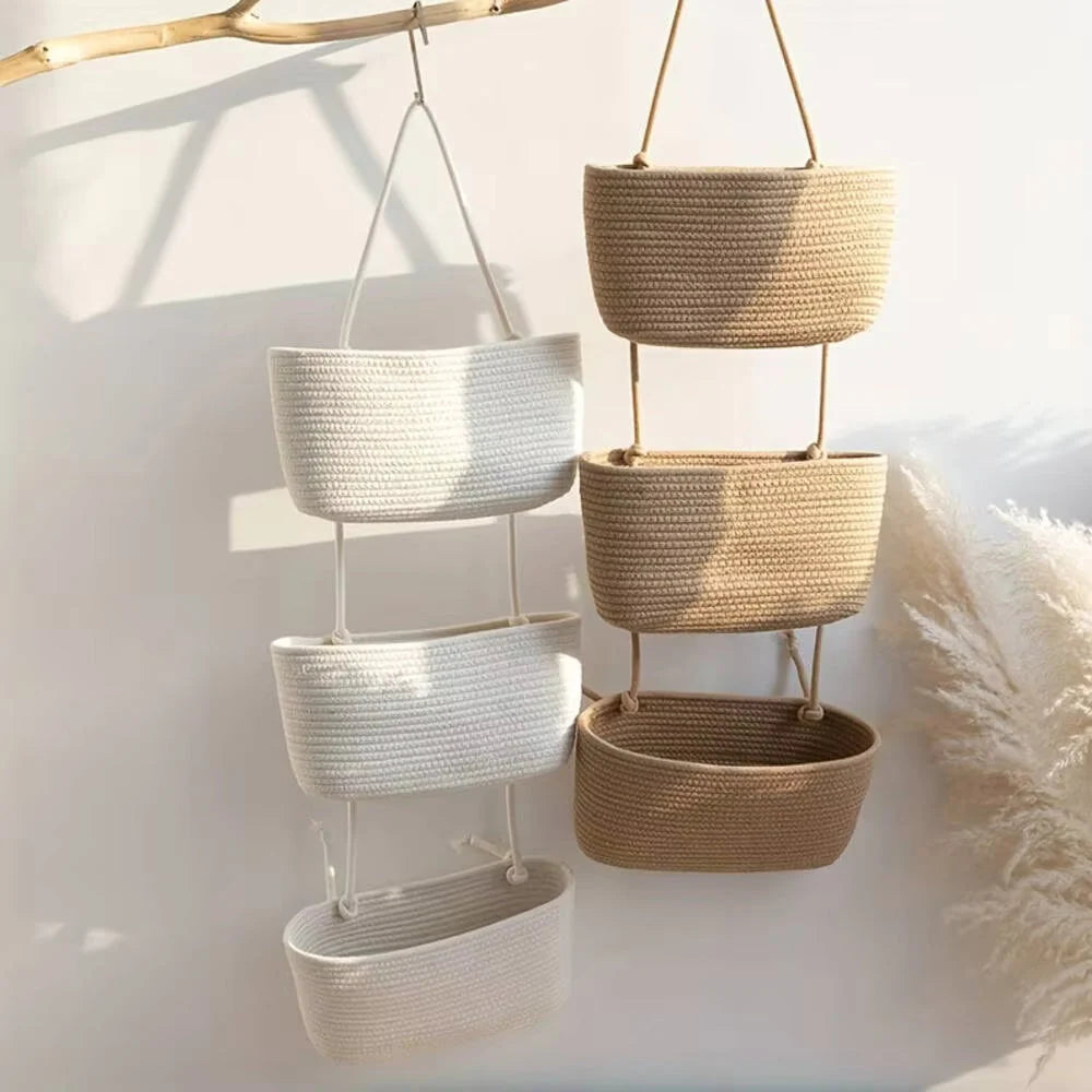 3-Tier Hanging Basket Cotton & Linen Space-Saving