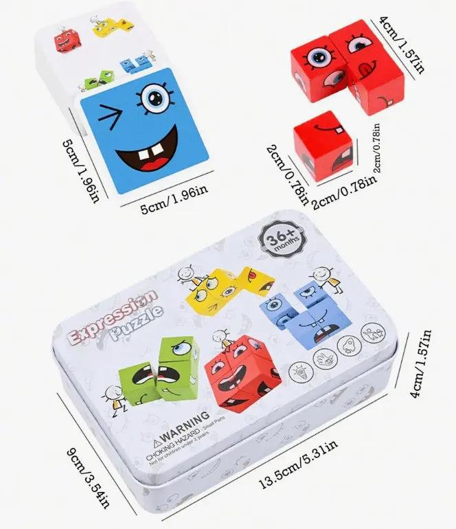 3D Face Puzzle 16 Wooden Cubes & 64 Expression Cards