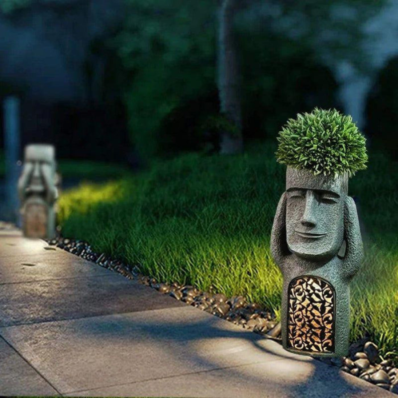 Abstract Face Planter Integrated Solar LED Weatherproof Stone Finish