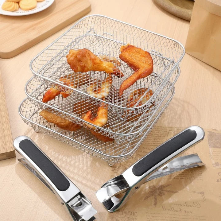 Air Fryer Baskets Stackable Stainless Steel Set With Tongs