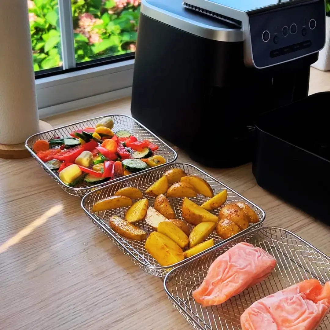 Air Fryer Baskets Stackable Stainless Steel Set With Tongs
