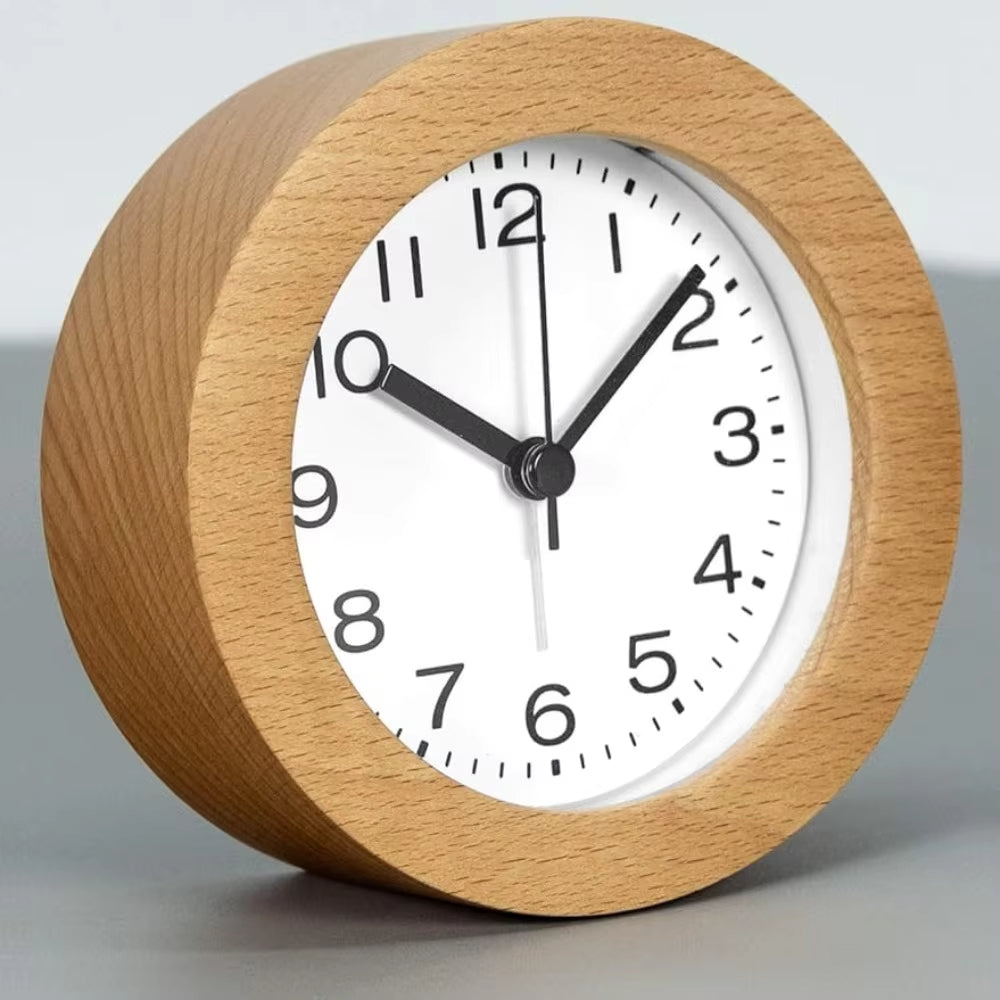 Alarm Clock Beech Wood Silent Movement LED Night Light