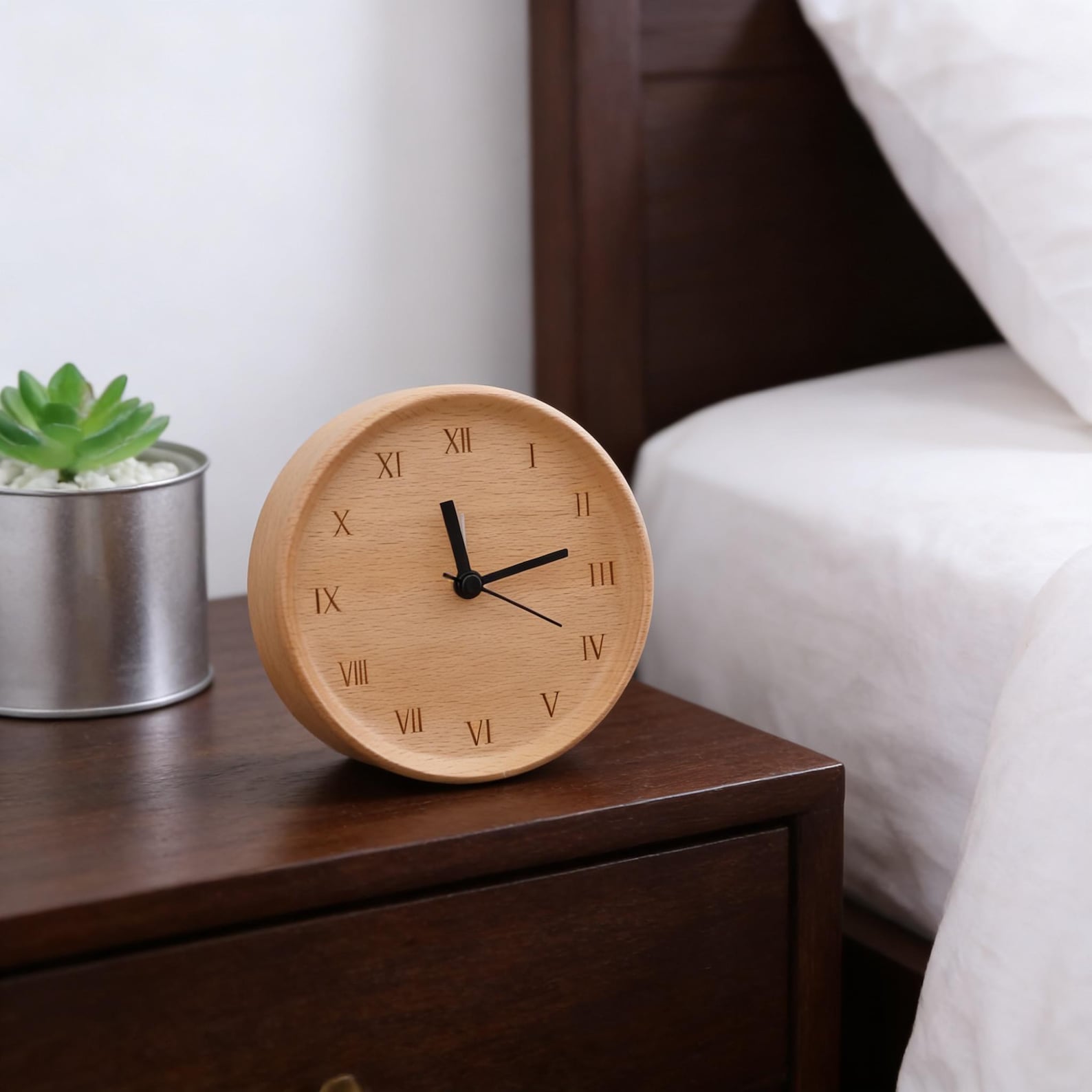 Alarm Clock Beech Wood Silent Quartz Snooze