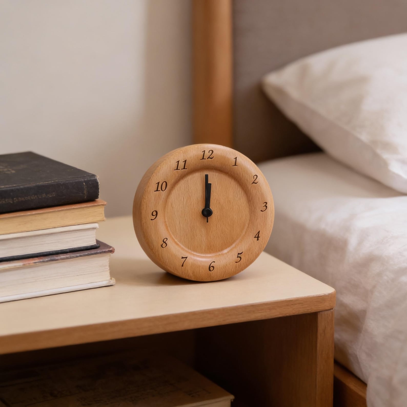 Alarm Clock Beech Wood Silent Quartz Snooze