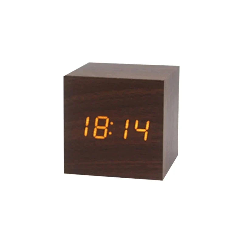 Alarm Clock Natural Wood Sound-Activated LED Time & Temperature