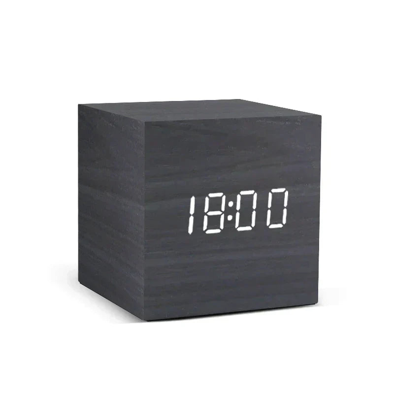 Alarm Clock Natural Wood Sound-Activated LED Time & Temperature