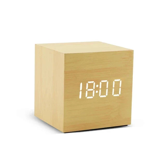 Alarm Clock Natural Wood Sound-Activated LED Time & Temperature