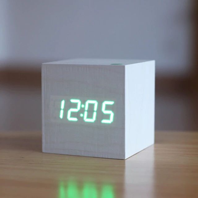 Alarm Clock Sound-Activated LED Bamboo Cube Battery Operated