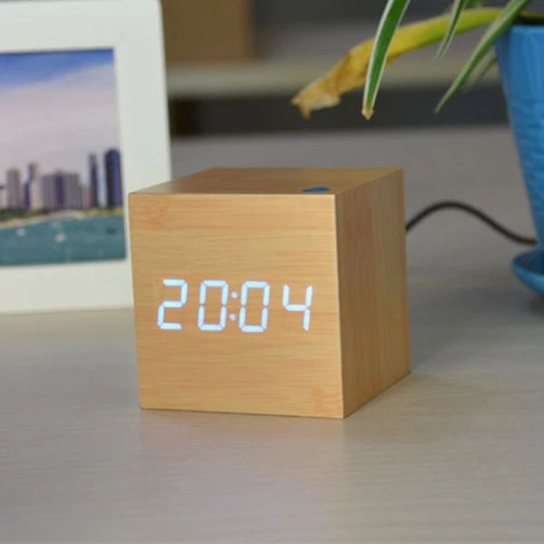 Alarm Clock Sound-Activated LED Bamboo Cube Battery Operated