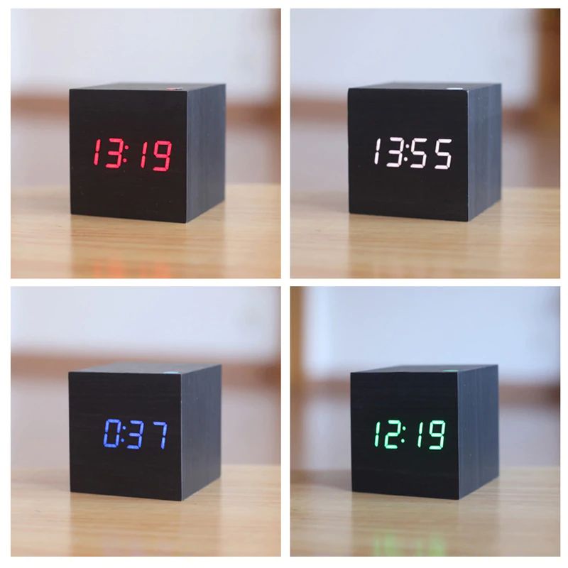 Alarm Clock Sound-Activated LED Bamboo Cube Battery Operated
