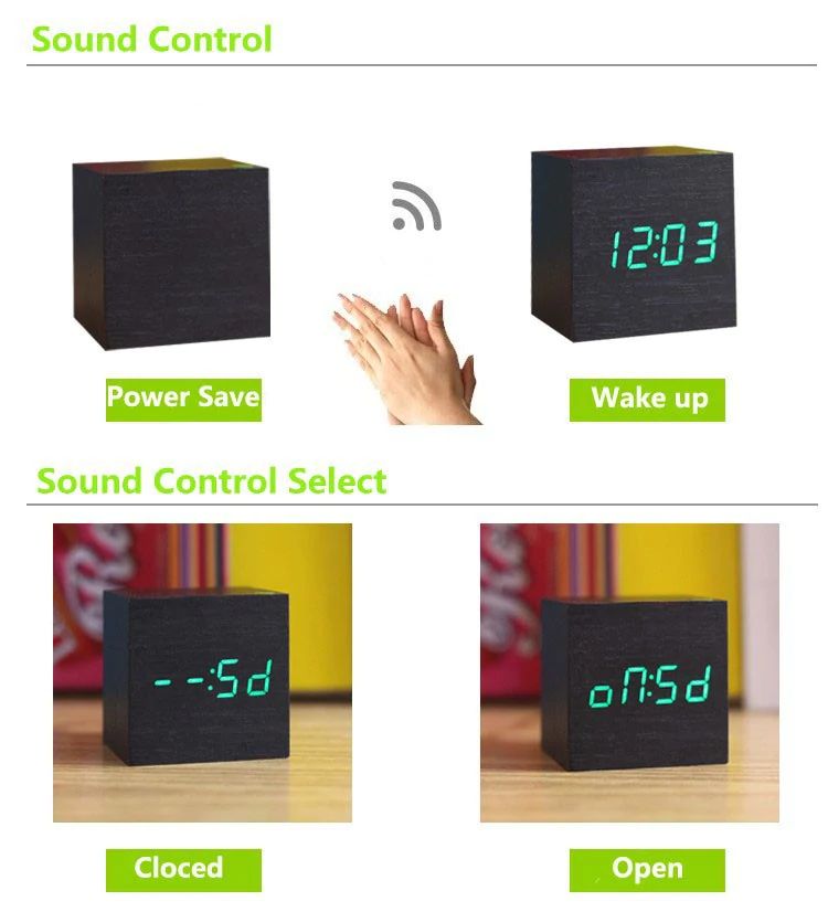 Alarm Clock Sound-Activated LED Bamboo Cube Battery Operated
