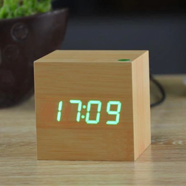 Alarm Clock Sound-Activated LED Bamboo Cube Battery Operated