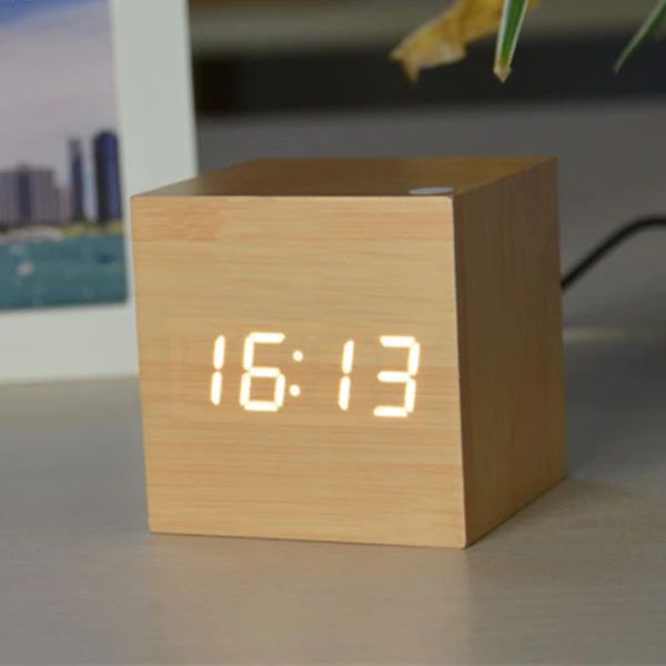Alarm Clock Sound-Activated LED Bamboo Cube Battery Operated