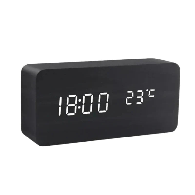 Alarm Clock Voice-Activated LED Wood Case USB & Battery