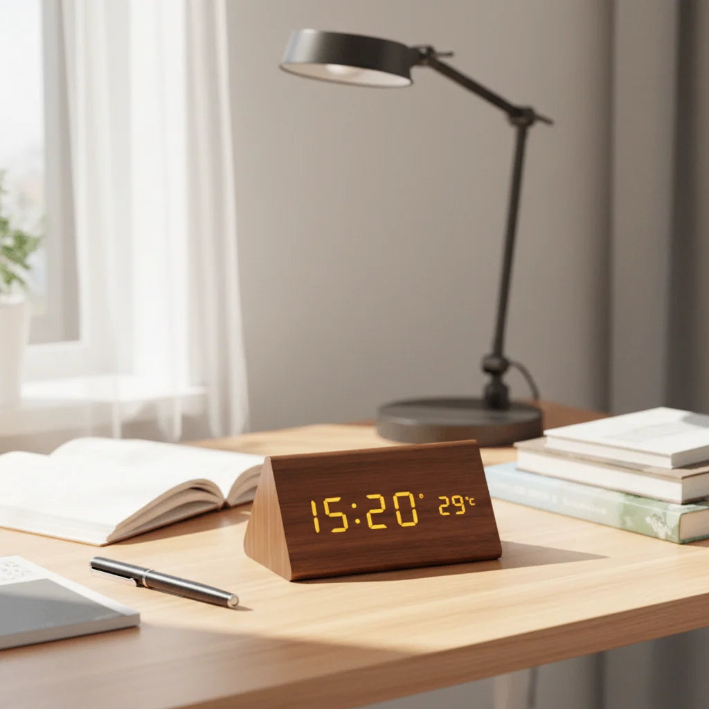 Alarm Clock Voice-Activated LED Wood Case USB & Battery