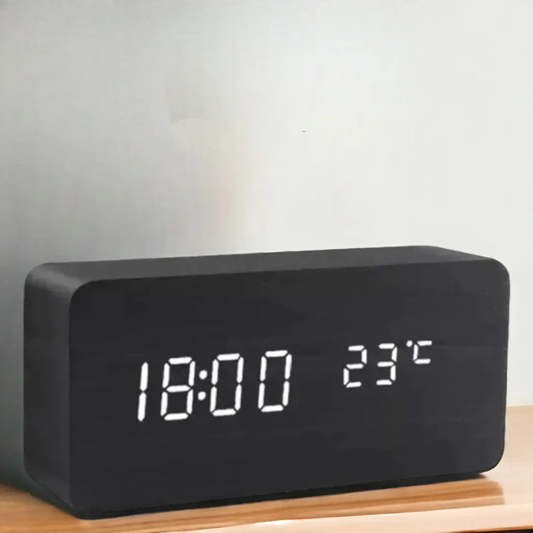 Alarm Clock Wood Look LED Voice Control Temperature Display
