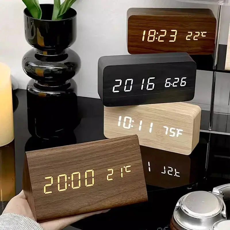Alarm Clock Wood Look LED Voice Control Temperature Display